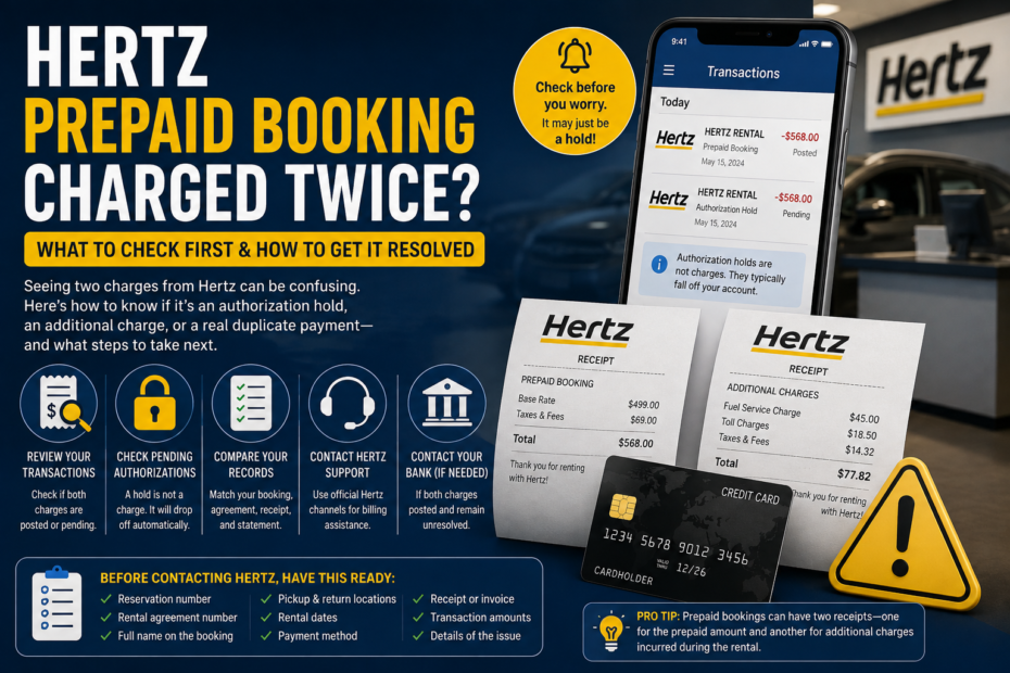 Hertz prepaid booking charged twice informational graphic showing duplicate card transactions, an authorization hold, rental receipts, and billing support steps.