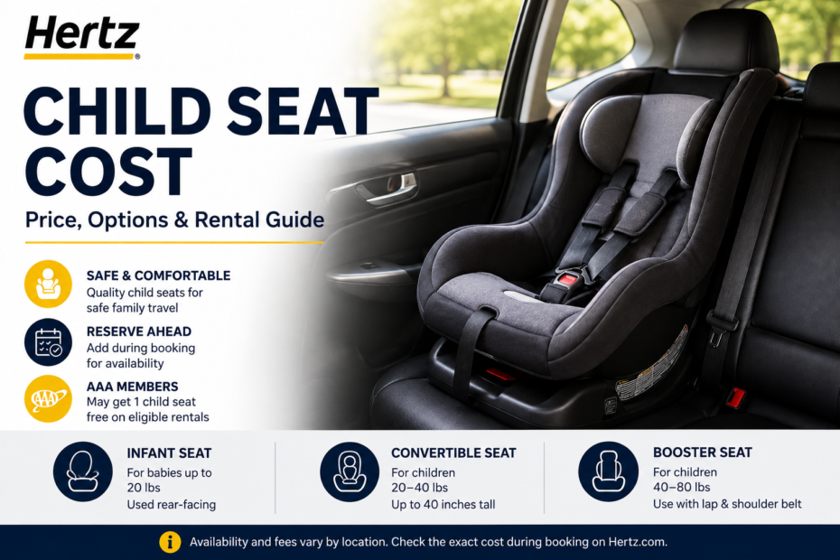 Hertz child seat cost guide showing a child safety seat in a rental car with infant, convertible, and booster seat options.