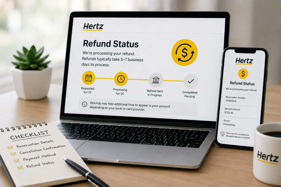 Person checking Hertz refund status online after a rental cancellation while reviewing payment and refund details.