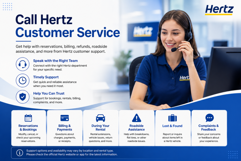 all Hertz Customer Service guide with a customer support representative and help options for reservations, billing, roadside assistance, and lost items.