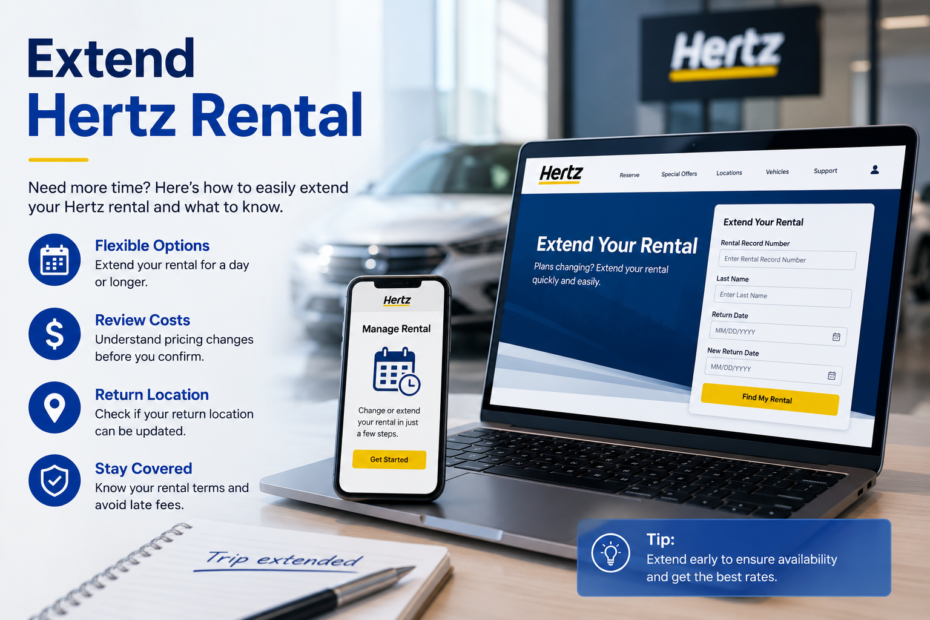 Extend Hertz rental guide showing online rental extension options, cost review, return location, and rental terms.