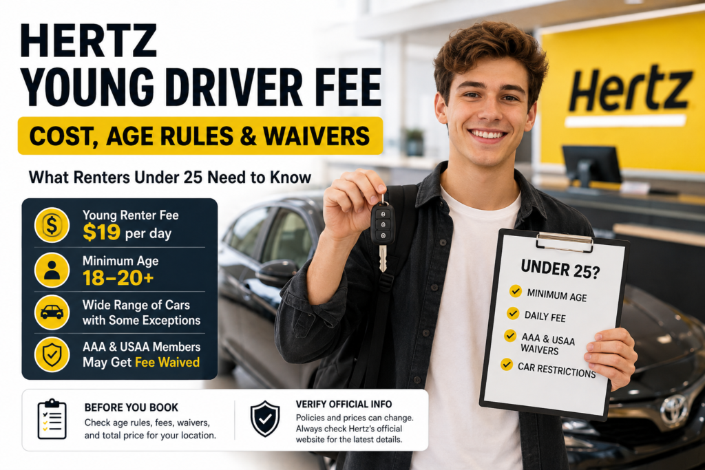 Young renters should check Hertz’s current age requirements, daily young driver fee, and location-specific rules before booking. This image was created entirely using artificial intelligence (AI).