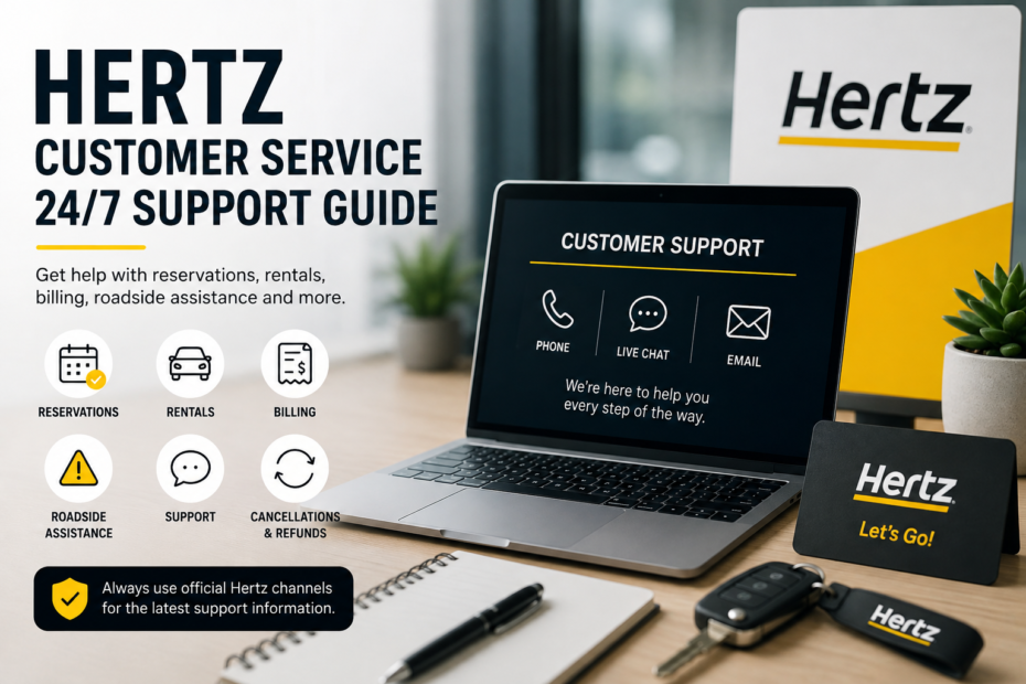 Hertz customer service number 24/7 support guide with smartphone and laptop showing rental assistance options