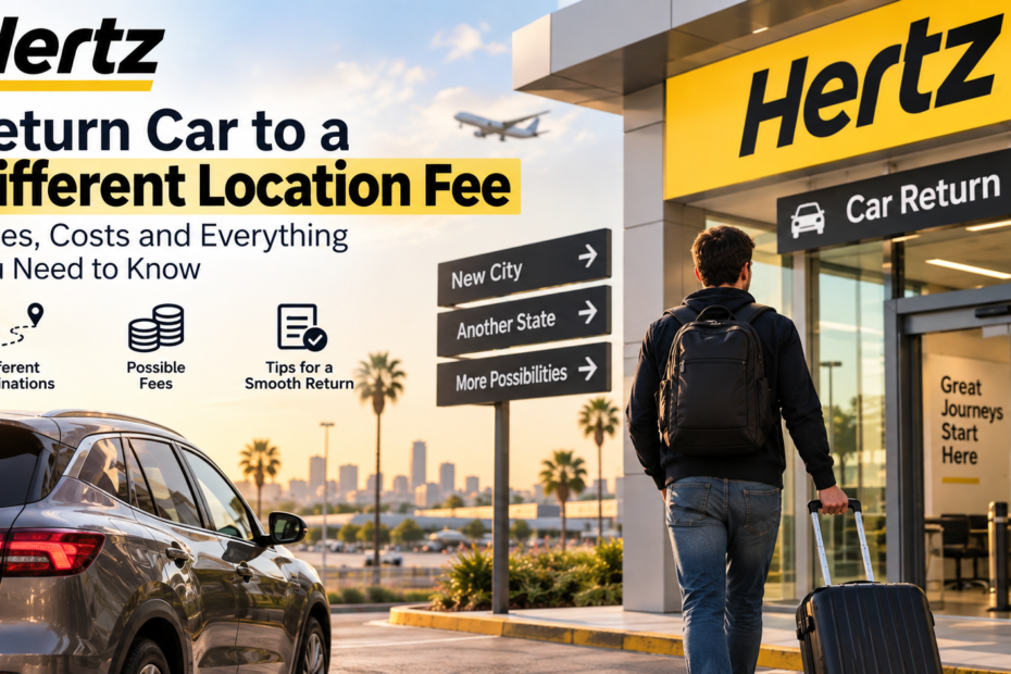 Hertz customer returning a rental car at a different location while speaking with staff at the rental counter.