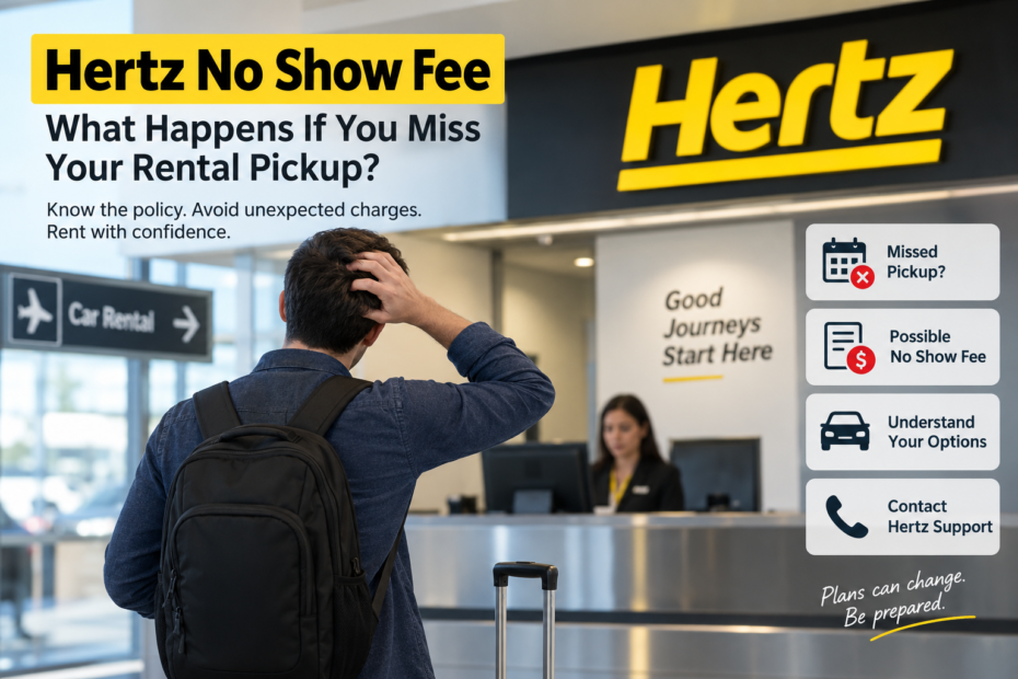 Traveler waiting near a Hertz rental counter after missing a car pickup, illustrating Hertz no-show fee concerns.