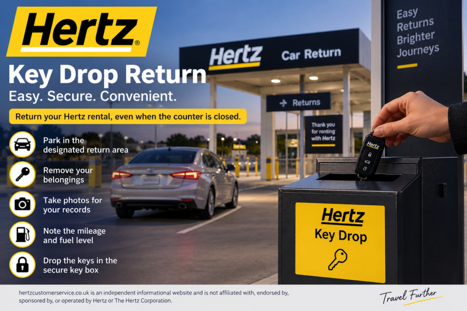 Hertz key drop return at an airport after hours, showing a traveler placing rental car keys into a secure return box beside a parked vehicle
