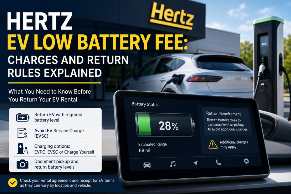 Hertz EV low battery fee explained with electric rental car, charging station, EV return rules, battery checklist, and charging guidance.